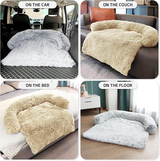 Calming Dog Bed Fluffy Plush Dog Mat for Furniture Protector with Removable Washable Cover for Large Medium Small Dogs and Cats (Small(35x31x5),Beige)-PawvioPets