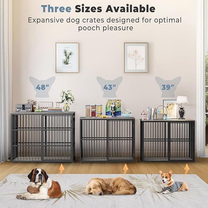 48'' XXL Dog Crate Furniture with 3 Doors, Wooden Crate End Table Heavy Duty Indoor Combination Cage for Medium to Large Dogs, Multiple Units Can be Combined, Grey-PawvioPets