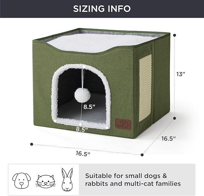 Bedsure Cat Beds for Indoor Cats - Large Cat Cave for Pet Cat House with Fluffy Ball Hanging and Scratch Pad, Foldable Cat Hideaway, 16.5x16.5x13 inches, Loden Green-PawvioPets
