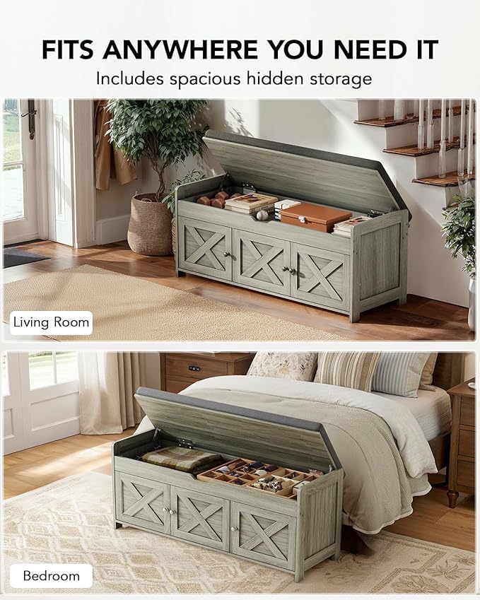 Amada Shoe Bench, Entryway Bench with Cushioned Seat & Lift Top Storage, 3 Doors, Adjustable Shelf, 300 lbs Capacity, Storage Bench with Shoe Rack for Entryway, Bedroom, Living Room, Gray-PawvioPets