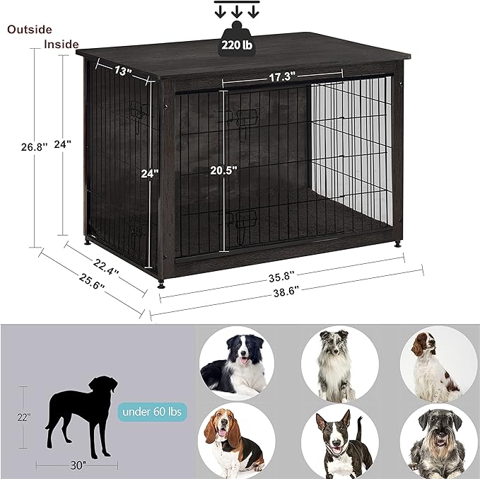 DWANTON Dog Crate Furniture with Cushion, Wooden Kennel Table with Double Doors, Indoor Dog House, Large Size, 38.5" L, Dark Gray-PawvioPets
