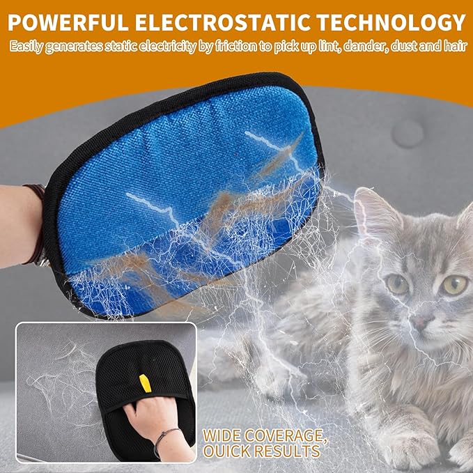 2PCS Electrostatic Pet Grooming Gloves, Reusable Hair Remover for Dog Cat Fur on Clothes Furniture Car Seat/Blue-PawvioPets