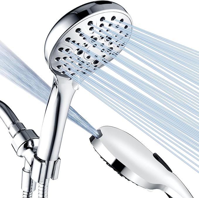 BRIGHT SHOWERS High Pressure Shower Head with Handheld, 9 Spray Settings Showerhead Built in Power Wash to Clean Tub and Pets, Extra Long 69" Hose, Adjustable Bracket, Chrome-PawvioPets