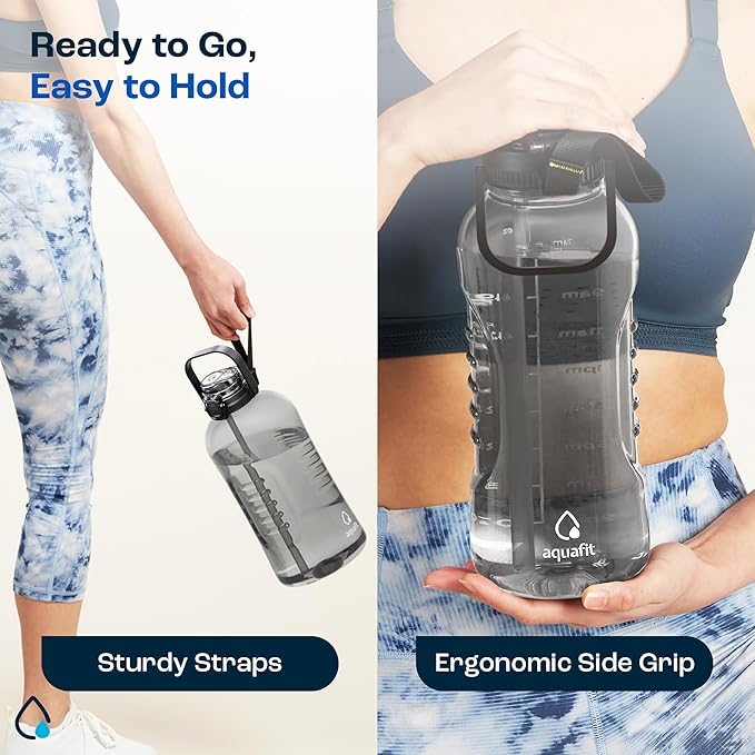 AQUAFIT 128 oz Water Bottle with Time Marker - 2in1 Straw & Chug Lid - BPA Free Big Jug with Straw - Gym Water Bottle with Strap (128 Ounces, Clarity)-PawvioPets