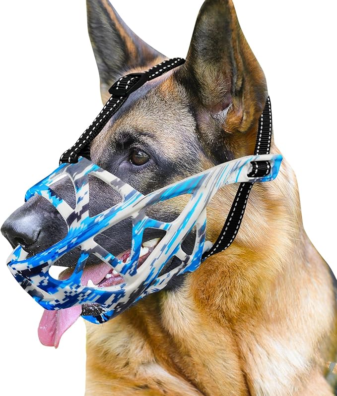 Dog Muzzle for Large Dogs, Medium and X-Large Aggressive Dog, Breathable Basket Muzzles, Suitable for Grooming Trimming Training, Allows Panting Drinking (Camouflage Blue, M)-PawvioPets