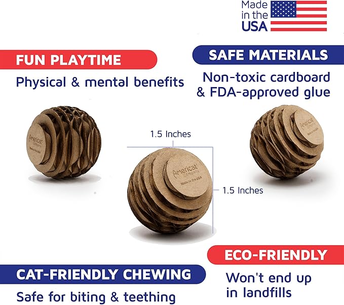 Cat Ball Toys by Americat – Made in USA – Safe Cardboard Cat Toys – for Interactive and Independent Play, Exercise & Stress Relief for All Breeds & Ages (Pack of 3 Round Balls)-PawvioPets