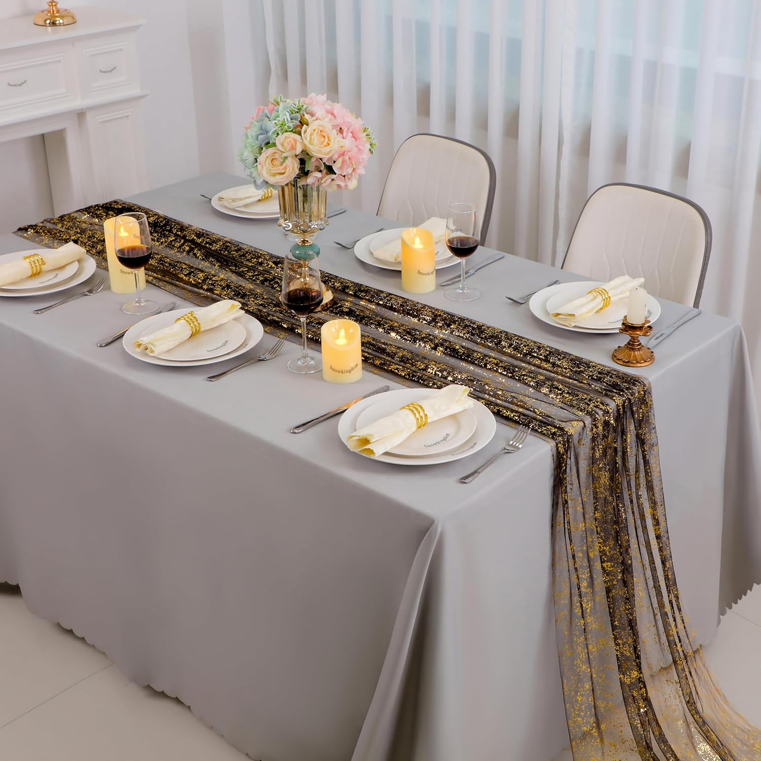 Snowkingdom 10 Pcs Black & Gold Cheesecloth Table Runner 10 FT, Sheer Chiffon Sparkle Gauze Mesh Runners 120 Inch, Glitter Table Centerpieces Decoration for Birthday Party Wedding Christmas Halloween