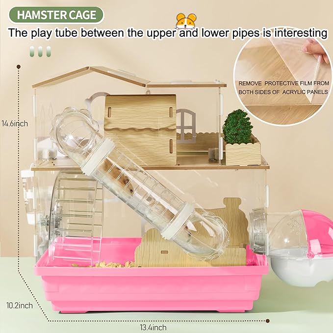 12 in 1 Clear Acrylic Hamster Cage with All Accessories,13.5''L*10''W*15''H Dwarf Hamster Cage,Magnetic Connection Small Hamster Enclosure,Wooden Mouse Cage for Pet Mice(2-Layer,Pink) Install Required-PawvioPets