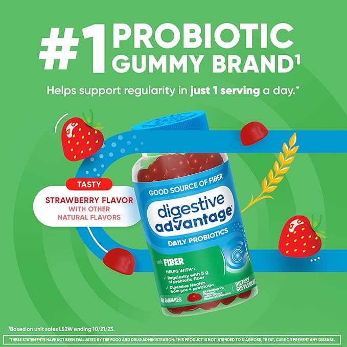 Digestive Advantage Prebiotic Fiber Gummies + Probiotics for Gut Health, 5g Prebiotic Fiber Plus 1 Billion CFU Probiotic, Supports Digestive Health & Regularity, (60ct Bottle) Strawberry Flavor*-PawvioPets