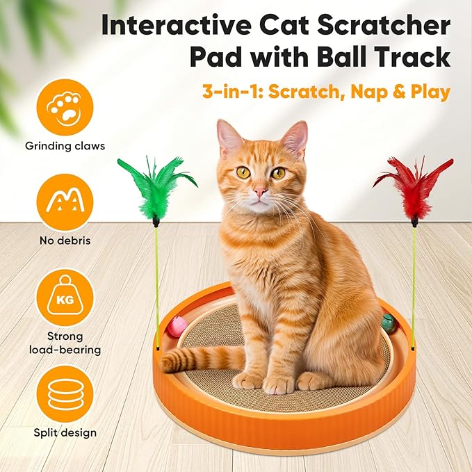 20-Inch Round Cat Scratcher with Ball Track – 3-in-1 Cardboard Cat Scratching Pad with Feather Toys, Non-Slip Base – Interactive Cat Toy for Indoor Cats, Kitten Scratch Play Lounge Board (Orange)-PawvioPets