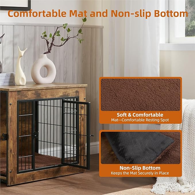 FLEXIMOUNTS Dog Crate Furniture with Cushion, Wooden Dog Kennel Furniture, Heavy Duty Dog Cage, 27" Dog Kennel with Double Doors-PawvioPets
