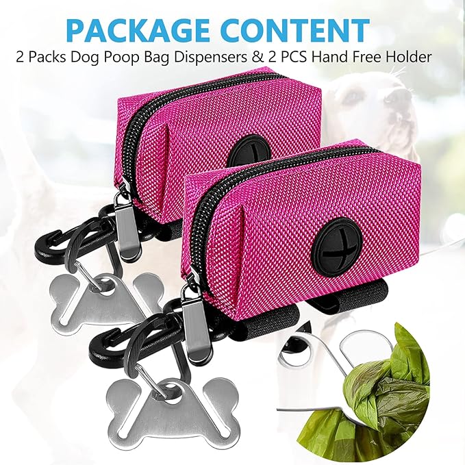 Dog Waste Bag Dispenser Pet Poop Bags Holder for Doggie Waste Bags Dispensers Soft Fabric Zipper Small Doggy Puppy Pouch for Leash Accessory Attachment with Carrier,2PC Pink-PawvioPets