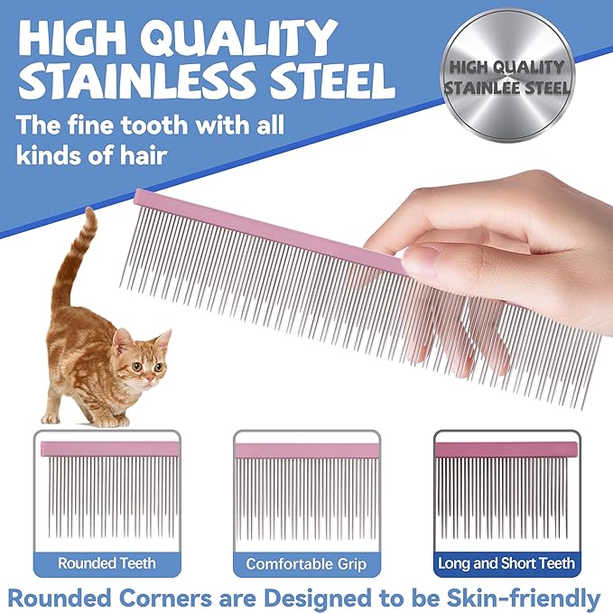 8.5 Inch Upgrade Pink Professional Pet Comb,Dual-Tooth Grooming Comb Anti-Static Smooth Rounded Corners Prevent Friction Breakage and Irritation,Long-Haired Cats and Dog Essential,Christmas Pet Gift-PawvioPets
