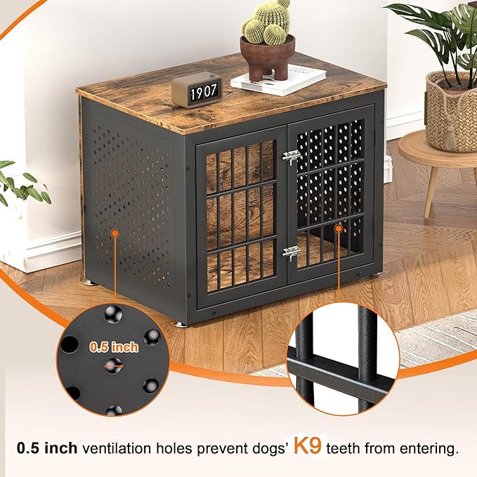 32" Heavy Duty Dog Crate Furniture for Small and Medium Dogs, Metal Kennel for High Anxiety Dogs, Chew Proof Pet Cage Indoor, Decorative Dog Kennel End Table-PawvioPets