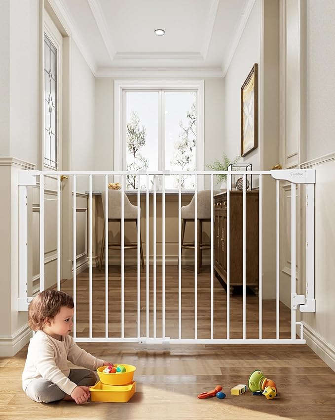 Cumbor 31.6-48" No Bottom Bar Baby Gate for Stairs, 2-in-1 Auto Close Dog Gate Indoor, Hardware Mounted Pet Gate for Doorways with Large Walk Thru Door, Child-Proof Safety Gate for Kids (White)-PawvioPets
