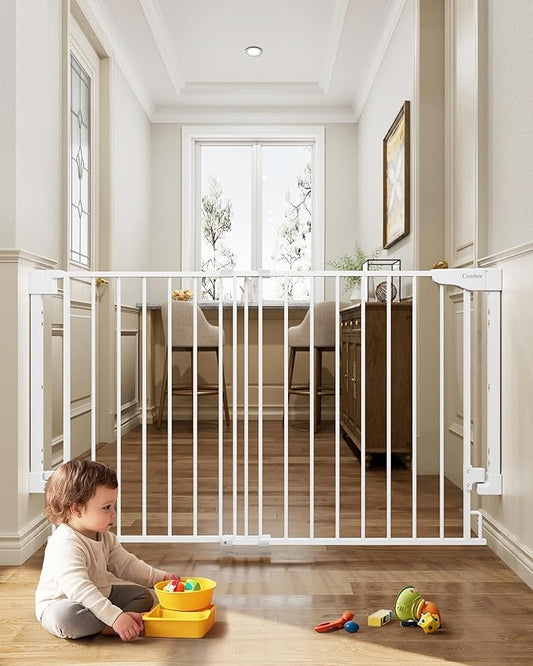 Cumbor 31.6-48" No Bottom Bar Baby Gate for Stairs, 2-in-1 Auto Close Dog Gate Indoor, Hardware Mounted Pet Gate for Doorways with Large Walk Thru Door, Child-Proof Safety Gate for Kids (White)-PawvioPets