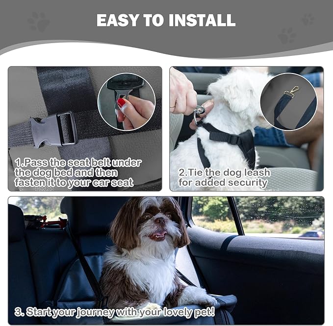 Dog Car Seat for Small Dogs, Large Leather Dog Car Bed with Storage Pocket, Waterproof PVC Leather Booster Seat Travel Bed for Front & Back Seat, Clip-On Safety Leash (Black/Grey)-PawvioPets