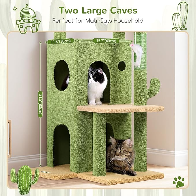 Globlazer Cactus Cat Tree Tower for Indoor Cats, 50-inch Adult Cat Tree House for Large Adult Cats with Steps, Scratching Post, 2 Cat Caves, Dangling Toys, FC50, Green-PawvioPets