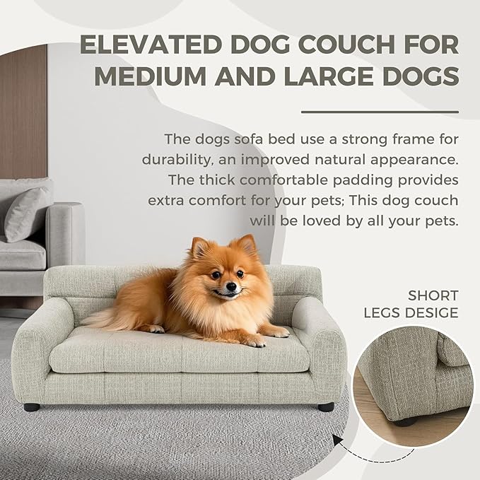 Dog Couch Bed, Mini Sofa for Dogs with Backrest and Armrest, Durable Pet Sofa with Soft Foam Cushion, Elevated Dog Couch Bed with Legs for Medium and Large Dogs, Beige-PawvioPets