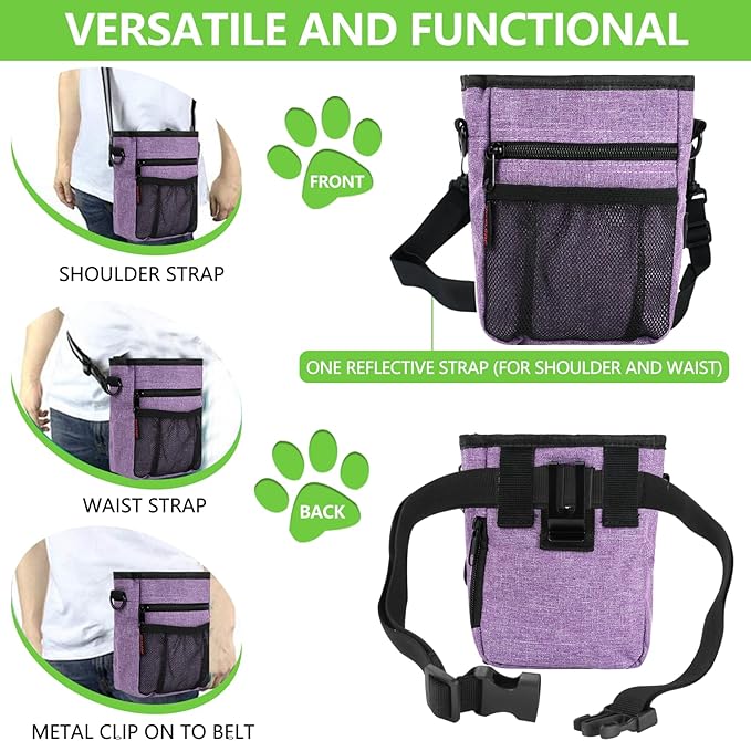 Dog Treat Pouches for Pet Training with Magnetic Closure Treat Pouches for Pet Training,Large Dog Treat Training Pouch and Dog Clicker,Training Treat Pouch Built-In Poop Bag Dispenser-Purple.-PawvioPets