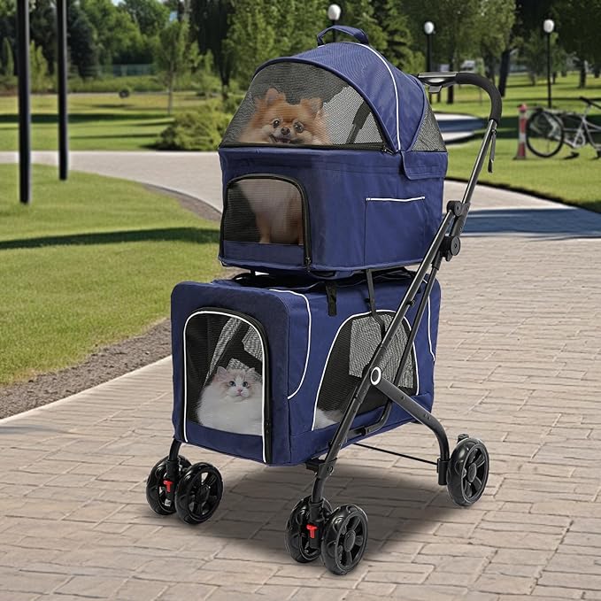 Double Pet Stroller,3.07lbs Dog Cat Carrying Cart,Lightweight Foldable Pet Stroller with 4 Wheels,Blue Portable Compact Pet Travel Cart for Small Dogs and Cats (Blue)-PawvioPets