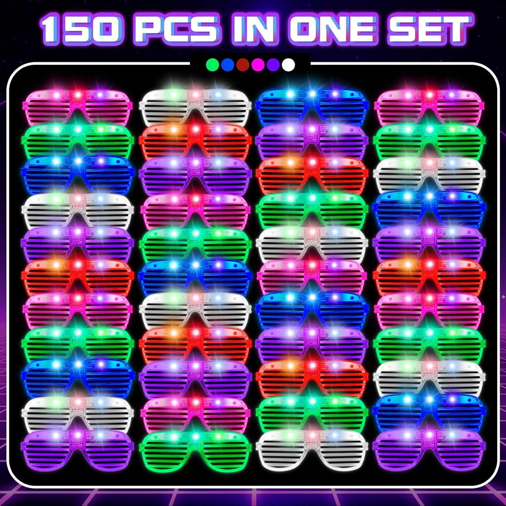 150 Pack 6 Neon Color Halloween Party Favors, Glow in The Dark Glasses for Kid Adult, LED Light Up Glasses Bulk Toy, Rave Accessories, Goodie Bag Stuffers, Wedding Gift, Birthday Party Supplies /Decor