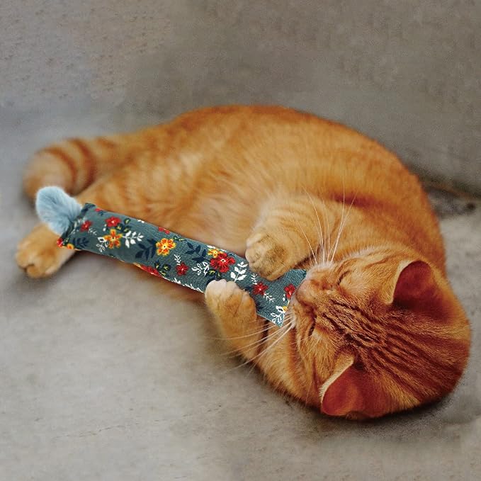 2 Pack Natural Interactive Catnip & Silvervine Cat Kicker with Feathers, Bite Resistant Chew Toy, Crinkle Kicker, Accessories for Indoor Cat, Premium Corduroy Floral-PawvioPets