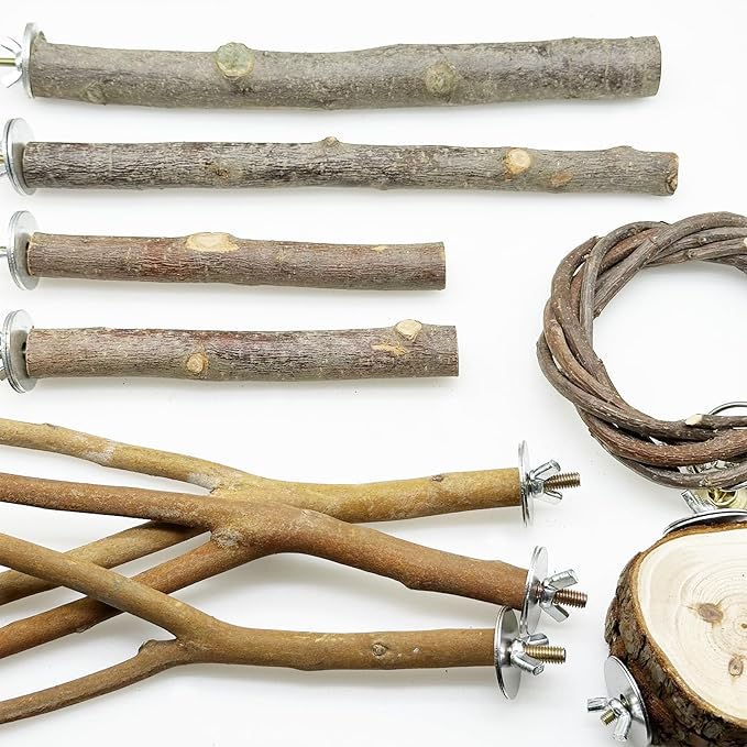 Allazone 10 PCS Natural Parrot Perch Bird Cage Accessories, Bird Platforms, Wood Stands, Grinding Fork Parakeet Platform for Small Lovebirds Budgies Cockatiels-PawvioPets