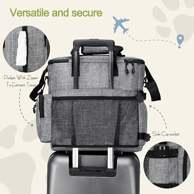 Dog Travel Bag,Weekend Pet Travel Bag Set for Dog and Cat,Airline Approved Tote Multi-Function Dog Bags for Traveling,Include 2 Collapsible Bowls,2 Food Storage Containers,1 Feeding Mat,Gray-PawvioPets