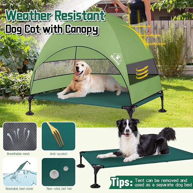 Elevated Outdoor Dog Bed with Canopy & Adjustable Feet - Larger Shade for Camping, Backyard & Patio-PawvioPets