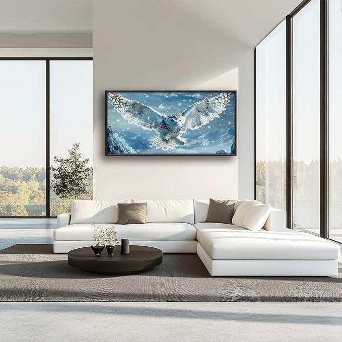Framed Large Snowy Owl Wall Art for Living Room, Oversized Snowy Mountain Wall Decor Landscape Canvas Painting Modern Artwork Home Decoration for Living Room Bedroom Office 60"x30"-PawvioPets