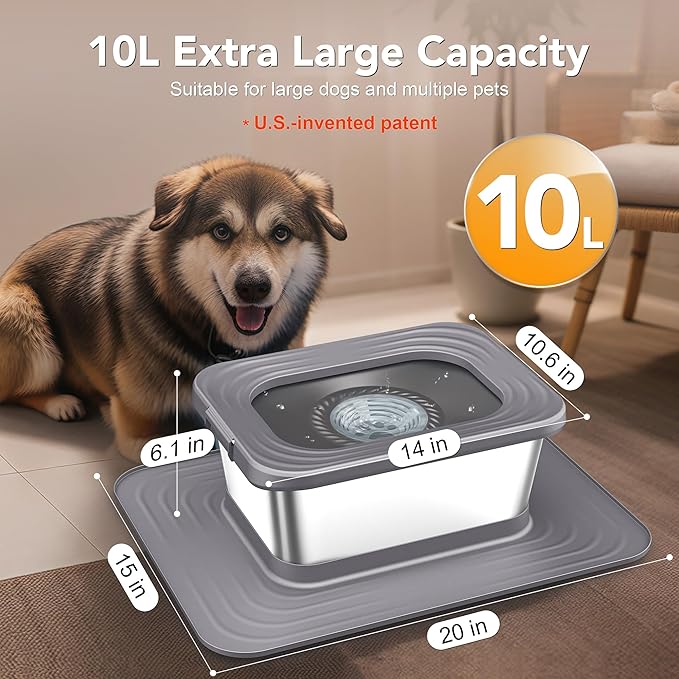 Decflow 10L Stainless Steel Dog Water Bowl, No Spill Anti-Splash Dog Bowls with XXL Silicone Mat, Spill-Proof Slow Feeder for Messy Drinkers, Heavy Duty Pet Bowls for Indoor/Outdoor Use Grey-PawvioPets