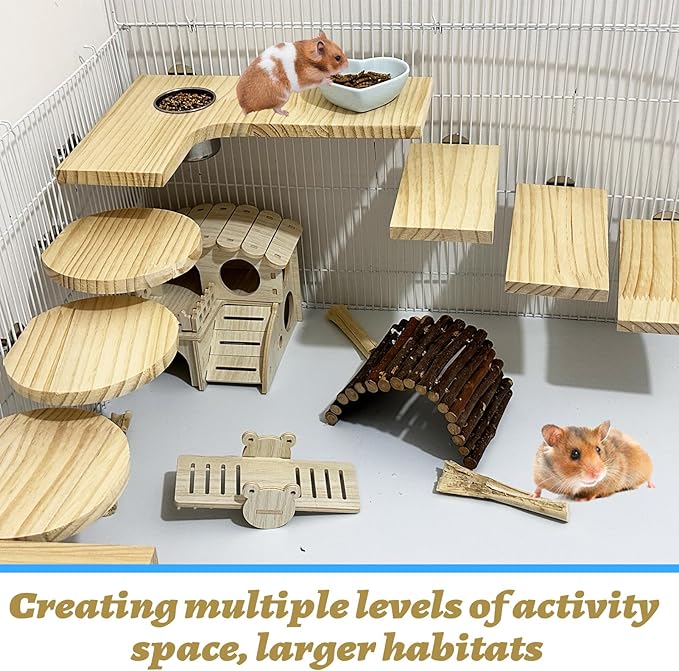 8 Pcs Wooden Hamster Cage Platform Set Wood Juvenile Chinchilla Shelves, Squirrel L-Shape Corner Ledge with Hole Cooling Standing Board Rat Cage Accessories for Gerbil Small Animal Climbing-PawvioPets