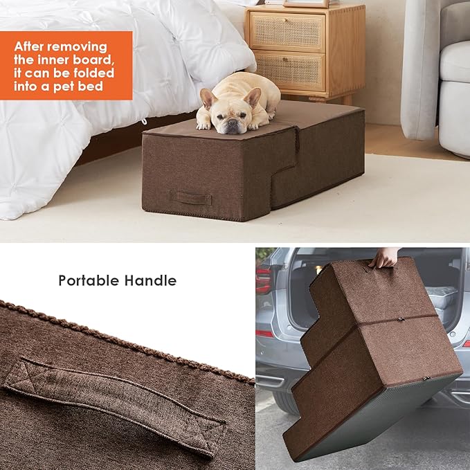 EHEYCIGA Dog Stairs for Bed 20" H, 4-Step Extra Wide Dog Steps for High Bed, Pet Steps for Small Dogs and Cats, Non-Slip Balanced Pet Ramp Indoor, Brown-PawvioPets