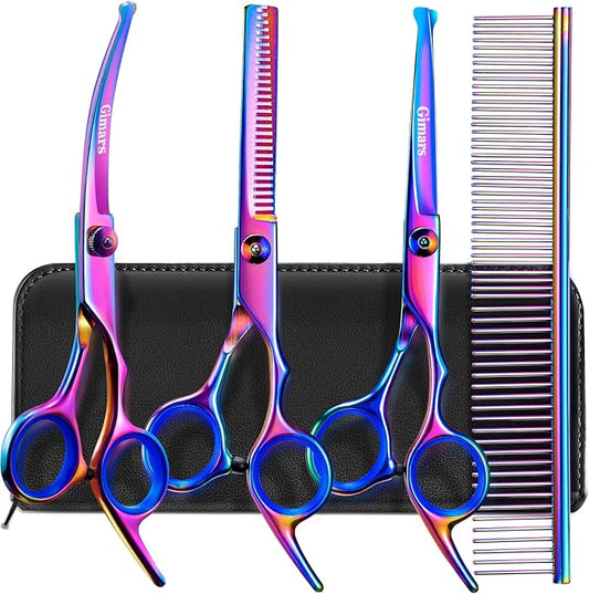 Gimars Dog Grooming Scissors Kit Professional 4CR with Safety Round Tip, 5 in 1 Heavy Duty Titanium Coated Thinning & Curved & Straight Shears-PawvioPets
