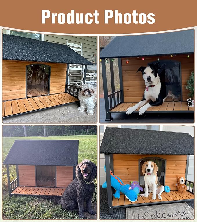 Extra Large Dog House Outdoor for Large Dogs, Insulated Dog House with Metal Frame, Waterproof Dog Shelter with Asphalt Roof, PVC Curtain & Multifunctional Patio, Indoor Outdoor Use-PawvioPets