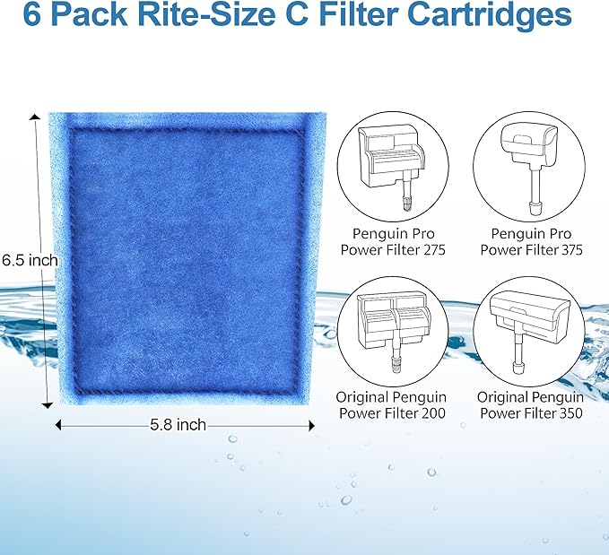 6 Pack Fish Tank Filter Cartridge, Rite-Size C filter cartridges Compatible with Marineland Penguin PRO Power Filters 275/375 & Original Penguin Power Filters 200/350 and AQUA-Tech 20-40 & 30-60-PawvioPets
