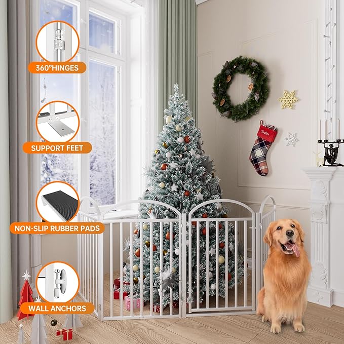 4 Panles Full Matel Freestanding Dog Gates with Door, 96"Extra Wide 32"Tall Free Standing Dog Pet Gate for Indoor & Outdoor. Foldable Pet Fences for Doorways, House, Stairs, Porch, Deck, Yard-PawvioPets