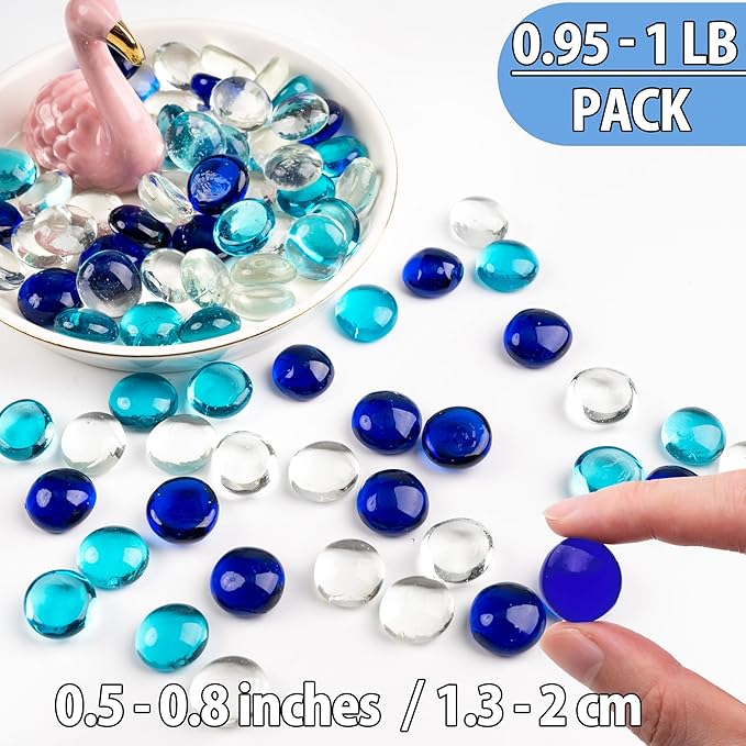 1LB Mixed Blue Glass Marbles, Transparent and Smooth Flat Glass Beads for Vases, Mosaic Gem Pebbles for Aquarium Decor, Floral Arrangements, Mancala Stones, Vase Filler and Crafts (Approx. 80-100 PCS)-PawvioPets