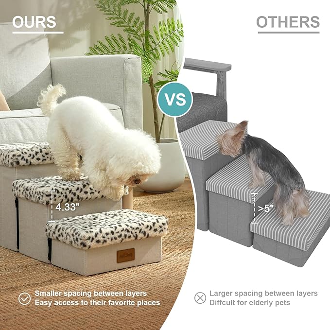 Dog Stair for Small Dogs with Storage, Foldable Pet Stairs for Medium or Puppy Dogs and Older Cats, Dog Steps for Bed or Couch with Soft Cover, 19.7x13x9.6 inch, 2 Tiers, Leopard-PawvioPets