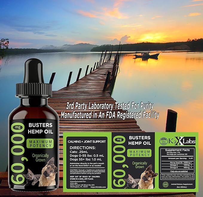 Buster's Organic Hemp Oil Large 60 Milliliters 2Pack 4Month Supply for Dogs Cats Max Potency Made in USA Omega Rich 3 6 and 9 Hip and Joint Health, Natural Relief, Calming-PawvioPets