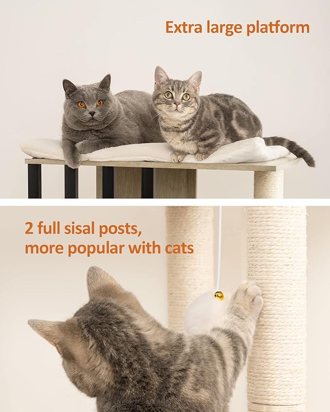 FourFurPets 43.8in 3-Tier Modern Cat Tree Tower Condo, Cat Scratch Posts for Indoor Cats, Big Plate, Two 19.7in Full Sisal Scratching Posts, Greige-PawvioPets