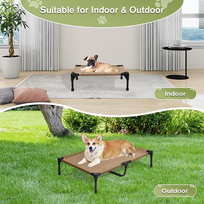 Elevated Dog Bed for Medium Dogs, Outdoor Cooling Raised Dog Beds Washable Pet Cot with Removable Mesh, Lifted Pets Hammock with Frame, Easy to Assemble, Brown, M-PawvioPets