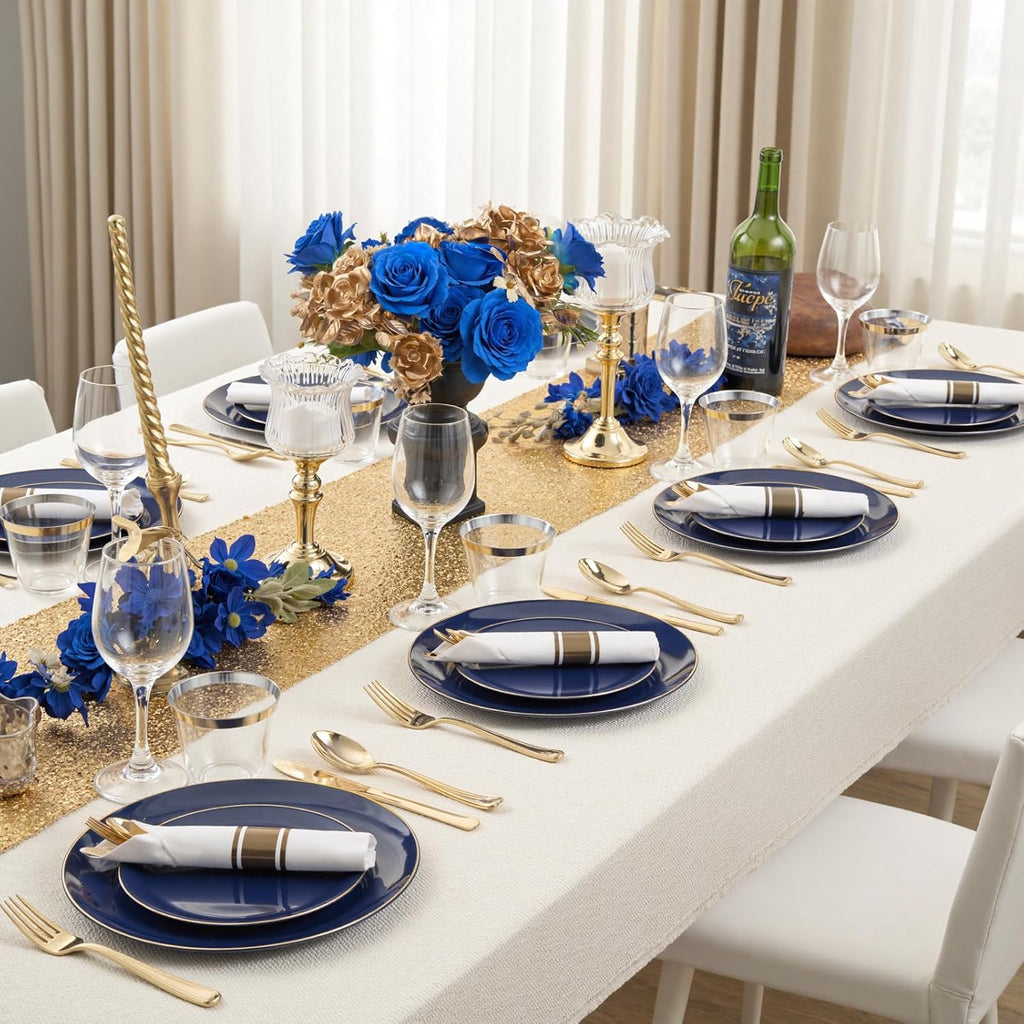 KIRE 175Pcs Blue Plastic Plates - Navy Blue Plates Disposable - 25 for Dinner 25 for Dessert 25 Pre Rolled Napkins with Gold Plastic Silverware and 25 Cups for Birthday Party/Wedding