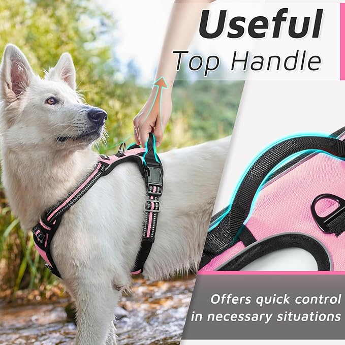 Eagloo Dog Harness Medium Sized Dog, No Pull Service Vest with Reflective Strips and Control Handle, Adjustable and Comfortable for Walking, No Choke Pet Harness with 2 Metal Rings, Pink, M-PawvioPets