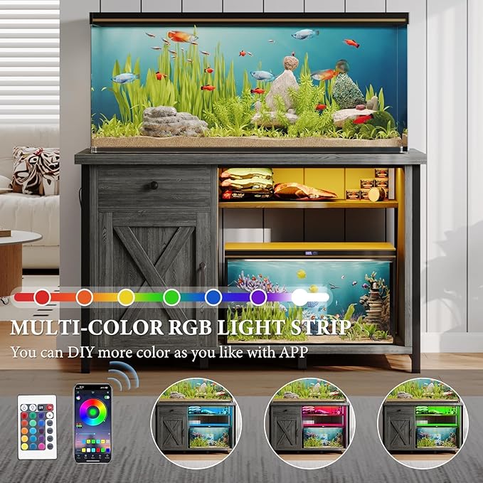 4ever2buy 55 Gallon Fish Tank Stand with LED Light & Power Outlets, 55-75 Gallon Aquarium Stand with Drawer & Barn Door, Cabinet for Fish Tank Accessories Storage for Reptile Tank, Turtle Tank, Gray-PawvioPets