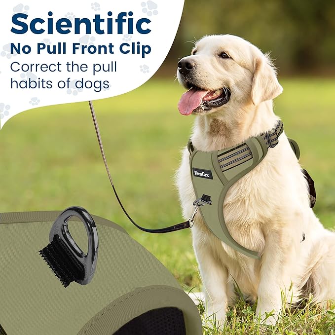 Funfox Dog Harness No Pull, Adjustable Pet Vest Harness, Super Soft Material with Vertical Handle Easy Control, Reflective Night Walking, 2 Leash Clips for XLarge Dogs, Army Green, XL-PawvioPets