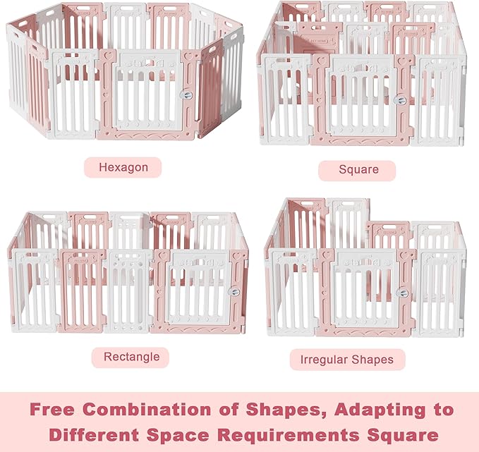 2 Room Dog Playpen with Door,DIY Shape Combination Puppy Pen,16-Panel+2 Link Piece+Large Door+Small Door,25.5" H Dog Fence,Non-Slip&Secure Pet Gate,Easy to Assemble,Pink + White-PawvioPets