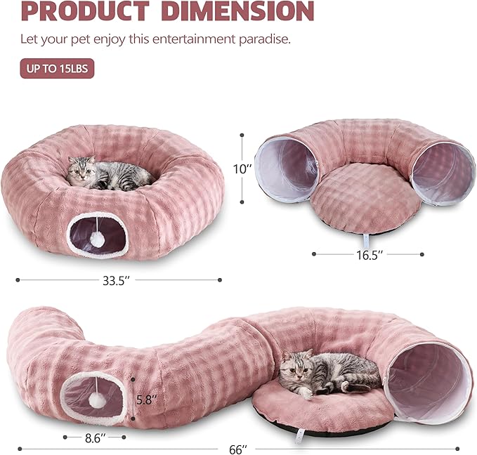 Bubble Cat Tunnel for Indoor Cats, Round Peekaboo Cave Toy with Dangling Balls, Donut Tunnel Bed with Circle Mat for Puppy Kitten Rabbit, Dusty Pink-PawvioPets