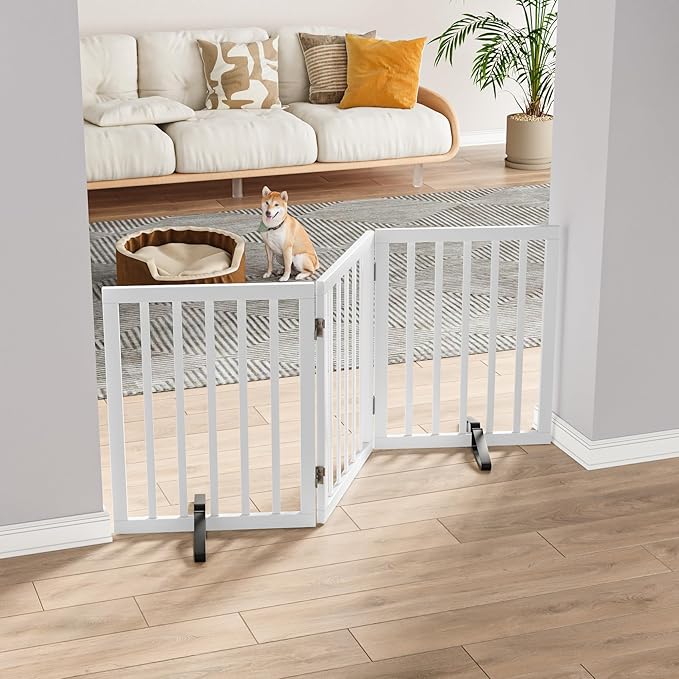 Dog Gates for The House Freestanding Foldable Pet Gates for Doorways 3 Panels 24'' Tall with 2PCS Support Feet Wooden White Dog Gate for Stairs-PawvioPets